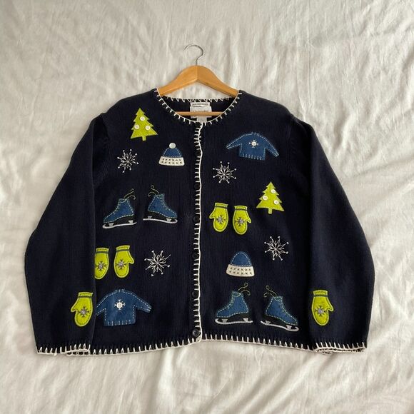vintage y2k christopher banks hand knit winter cardigan embroidered sweater L bl - Picture 1 of 8